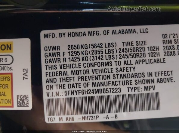 5FNYF6H24MB057223 2021 HONDA PILOT Black Vista del compartimento del motor