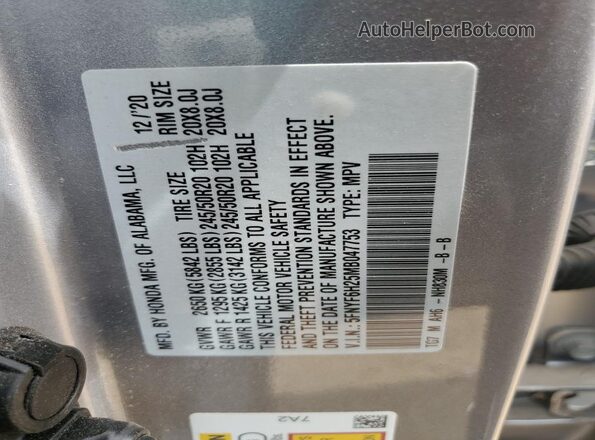 5FNYF6H25MB047753 2021 HONDA PILOT Silver Vista de la etiqueta del VIN