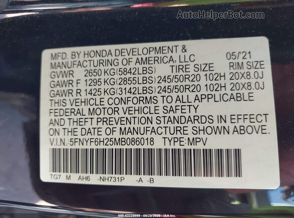 5FNYF6H25MB086018 2021 HONDA PILOT Черный Вид подкапотного пространства
