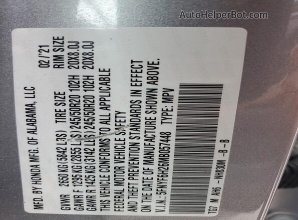 5FNYF6H26MB057448 2021 HONDA PILOT Silver Vista interior de 360 grados