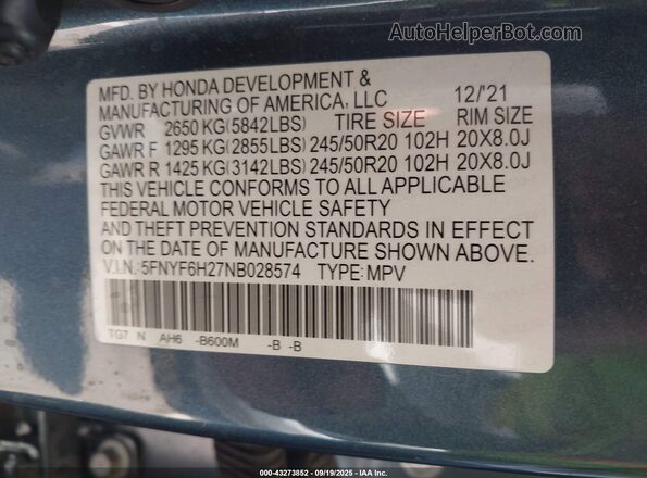 5FNYF6H27NB028574 2022 HONDA PILOT Navy Vista del compartimento del motor