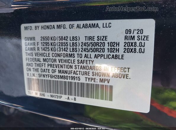5FNYF6H28MB019915 2021 HONDA PILOT Black ძრავის განყოფილების ხედი