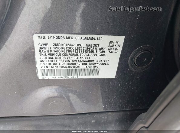 5FNYF6H33JB055001 2018 HONDA PILOT Gray 