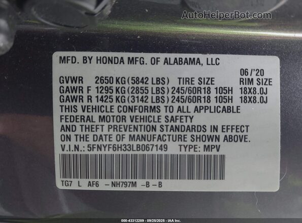 5FNYF6H33LB067149 2020 HONDA PILOT Gray Вид підкапотного простору