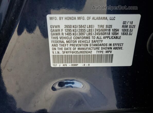 5FNYF6H35JB026342 2018 HONDA PILOT Blue 