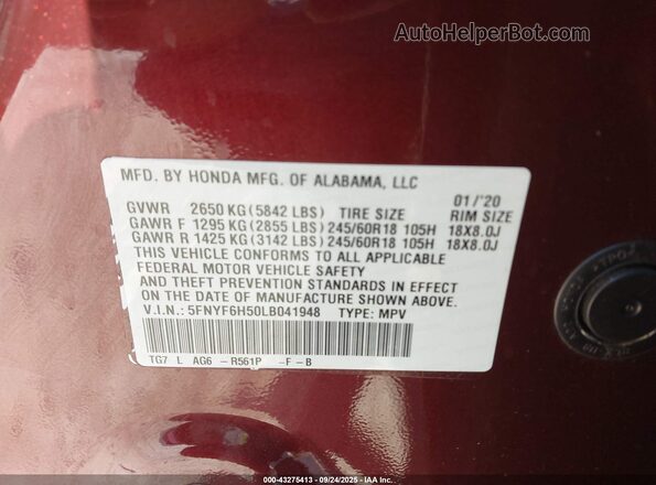 5FNYF6H50LB041948 2020 HONDA PILOT Purple Engine compartment view