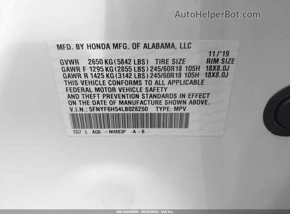 5FNYF6H54LB028250 2020 HONDA PILOT White ძრავის განყოფილების ხედი