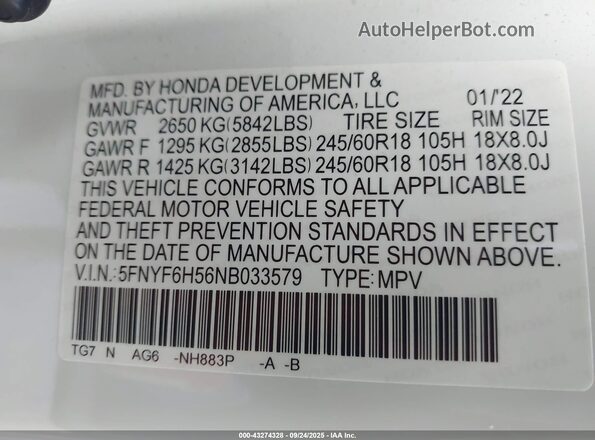 5FNYF6H56NB033579 2022 HONDA PILOT White Vista del compartimento del motor