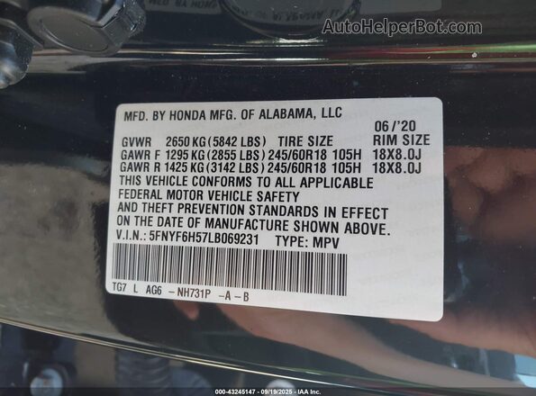 5FNYF6H57LB069231 2020 HONDA PILOT Черный Вид подкапотного пространства