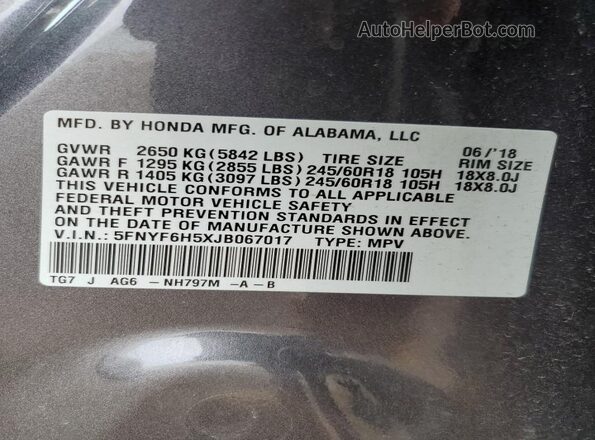 5FNYF6H5XJB067017 2018 HONDA PILOT Charcoal 