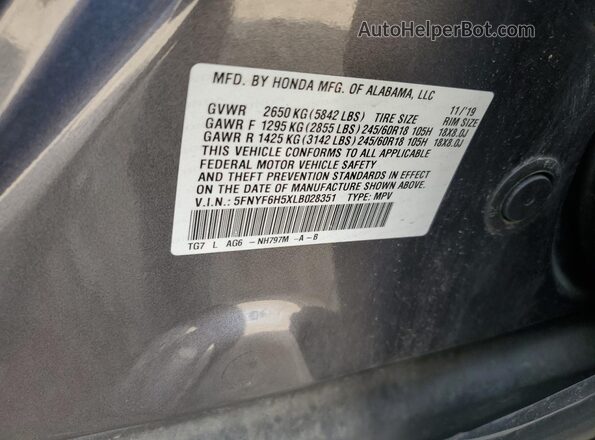 5FNYF6H5XLB028351 2020 HONDA PILOT Gray Панорамний вид салону 360°