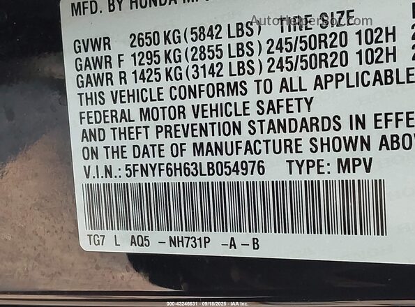 5FNYF6H63LB054976 2020 HONDA PILOT Black Vista del compartimento del motor