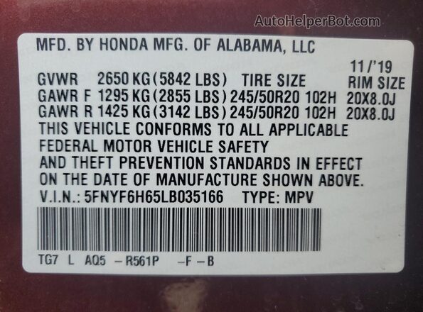 5FNYF6H65LB035166 2020 HONDA PILOT Burgundy Вид наклейки з VIN-кодом