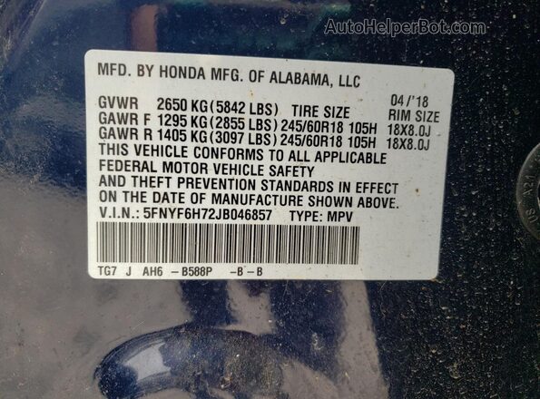5FNYF6H72JB046857 2018 HONDA PILOT Blue 