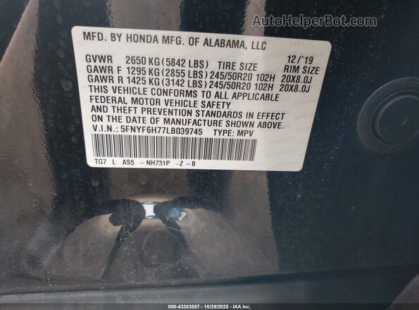 5FNYF6H77LB039745 2020 HONDA PILOT Black ძრავის განყოფილების ხედი