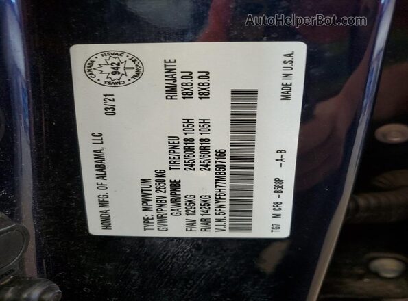 5FNYF6H77MB507166 2021 HONDA PILOT Blue Вид наклейки з VIN-кодом