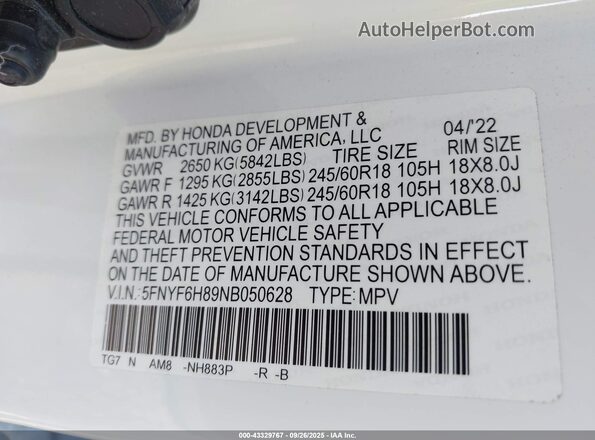 5FNYF6H89NB050628 2022 HONDA PILOT White Widok komory silnika