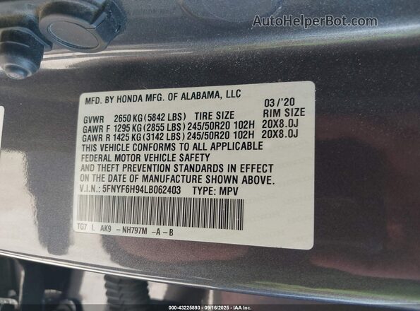 5FNYF6H94LB062403 2020 HONDA PILOT Gray Vista del compartimento del motor