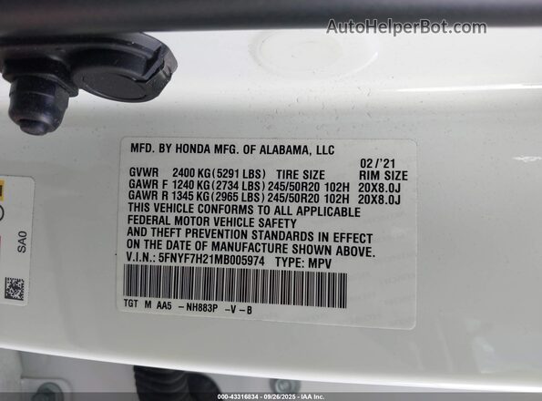 5FNYF7H21MB005974 2021 HONDA PASSPORT White Widok komory silnika