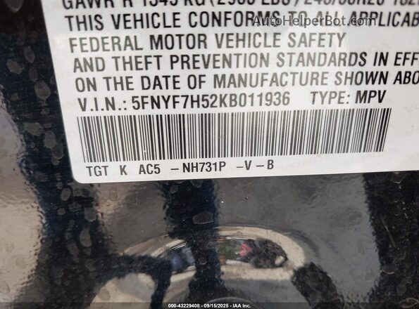 5FNYF7H52KB011936 2019 HONDA PASSPORT Black Widok komory silnika