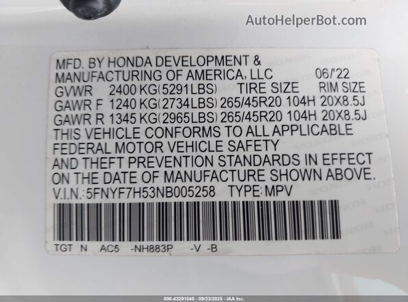5FNYF7H53NB005258 2022 HONDA PASSPORT White ძრავის განყოფილების ხედი