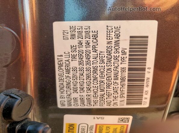 5FNYF7H97MB011906 2021 HONDA PASSPORT Gray VIN კოდის სტიკერის ხედი