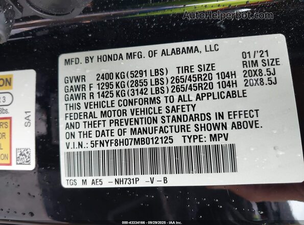 5FNYF8H07MB012125 2021 HONDA PASSPORT Black Widok komory silnika