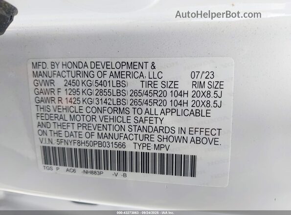 5FNYF8H50PB031566 2023 HONDA PASSPORT White Вид підкапотного простору