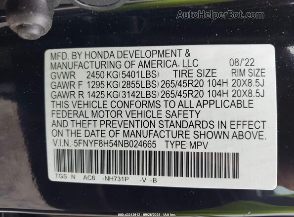 5FNYF8H54NB024665 2022 HONDA PASSPORT Black Շարժիչի բաժամունքի տեսք