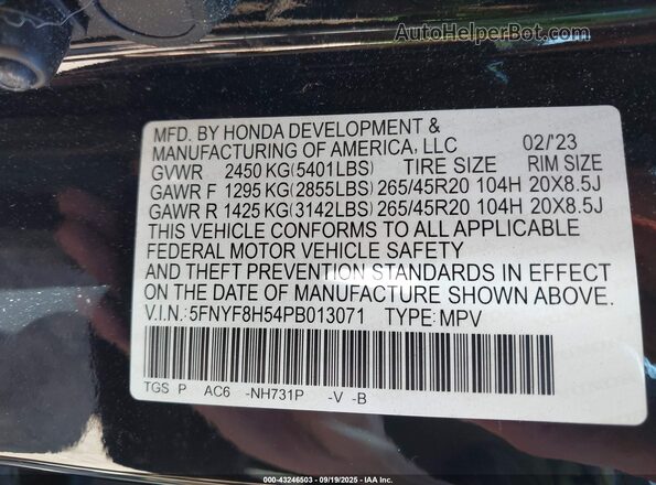5FNYF8H54PB013071 2023 HONDA PASSPORT Black Widok komory silnika
