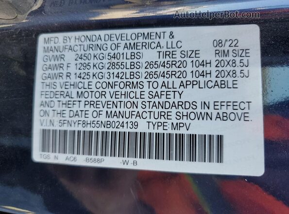 5FNYF8H55NB024139 2022 HONDA PASSPORT Blue VIN sticker view