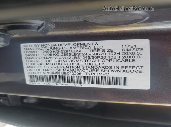 5FNYF8H58MB040205 2021 HONDA PASSPORT Gray VIN sticker view