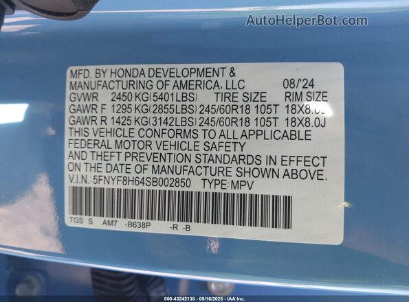 5FNYF8H64SB002850 2025 HONDA PASSPORT Blue Widok komory silnika