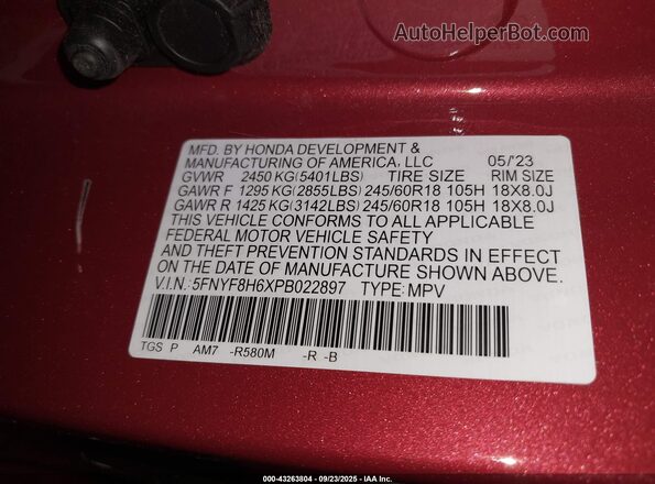 5FNYF8H6XPB022897 2023 HONDA PASSPORT Красный Вид подкапотного пространства