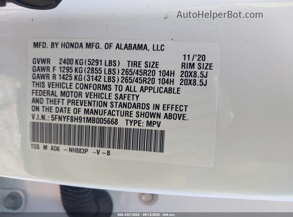 5FNYF8H91MB005668 2021 HONDA PASSPORT White Շարժիչի բաժամունքի տեսք
