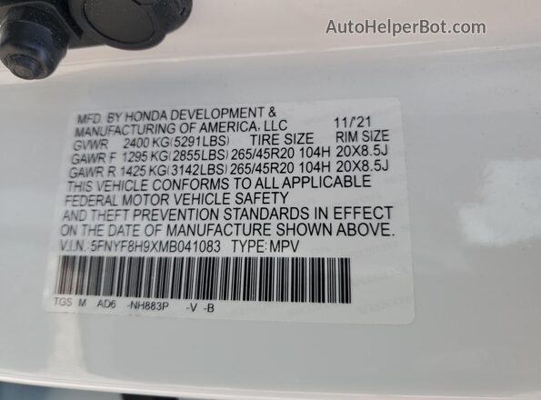5FNYF8H9XMB041083 2021 HONDA PASSPORT White Vista de la etiqueta del VIN