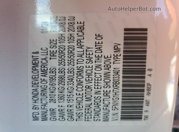 5FNYG1H7XRB033401 2024 HONDA PILOT White 