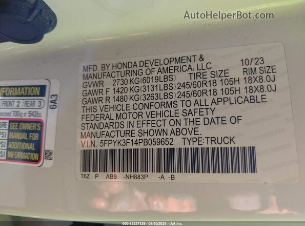 5FPYK3F14PB059652 2023 HONDA RIDGELINE White Widok komory silnika