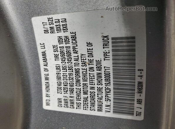5FPYK3F19JB000717 2018 HONDA RIDGELINE Silver 