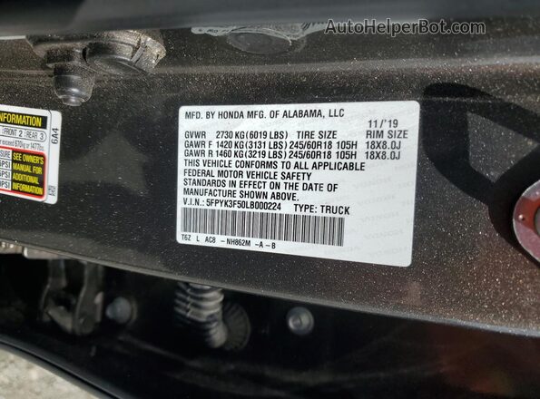 5FPYK3F50LB000224 2020 HONDA RIDGELINE Charcoal Vista de la etiqueta del VIN