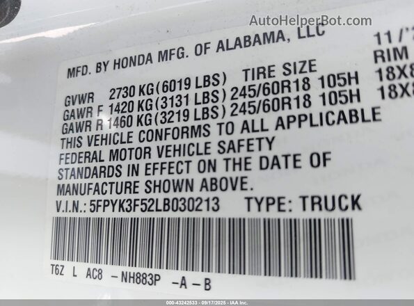 5FPYK3F52LB030213 2020 HONDA RIDGELINE Белый Вид подкапотного пространства