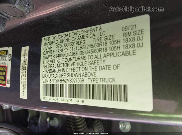 5FPYK3F52MB027569 2021 HONDA RIDGELINE Gray Շարժիչի բաժամունքի տեսք