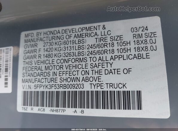 5FPYK3F53RB009203 2024 HONDA RIDGELINE Gray Widok komory silnika
