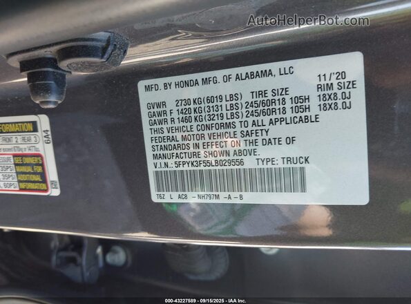 5FPYK3F55LB029556 2020 HONDA RIDGELINE Gray Շարժիչի բաժամունքի տեսք