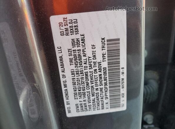 5FPYK3F56LB010630 2020 HONDA RIDGELINE Gray Вид підкапотного простору