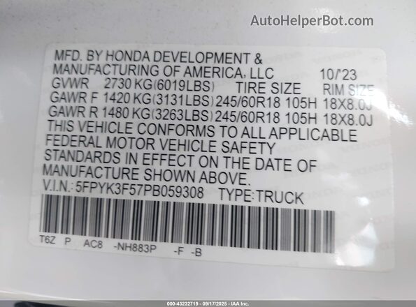5FPYK3F57PB059308 2023 HONDA RIDGELINE White Շարժիչի բաժամունքի տեսք