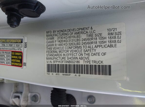 5FPYK3F70NB002186 2022 HONDA RIDGELINE Белый 