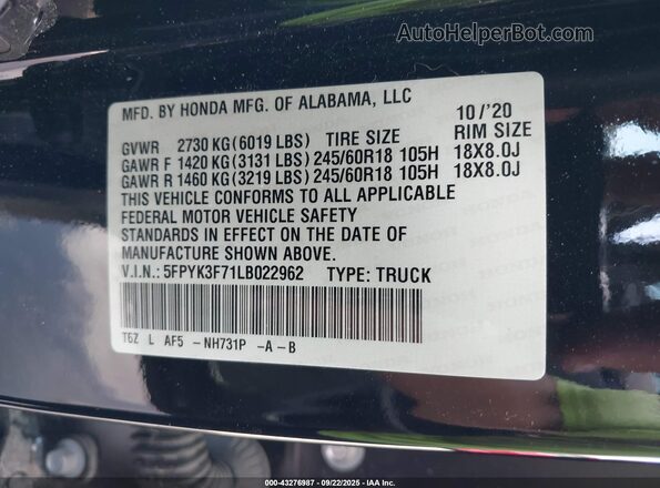 5FPYK3F71LB022962 2020 HONDA RIDGELINE Black Widok komory silnika