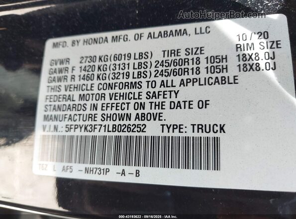 5FPYK3F71LB026252 2020 HONDA RIDGELINE Black ძრავის განყოფილების ხედი