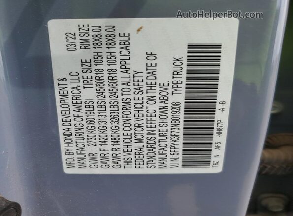 5FPYK3F73NB019208 2022 HONDA RIDGELINE Blue 
